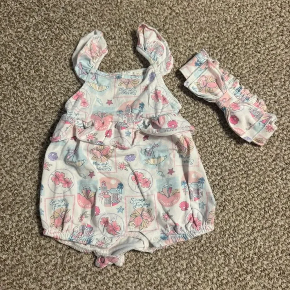 Btween Baby Coastal Print Ruffle Romper & Headband Set 12 Months